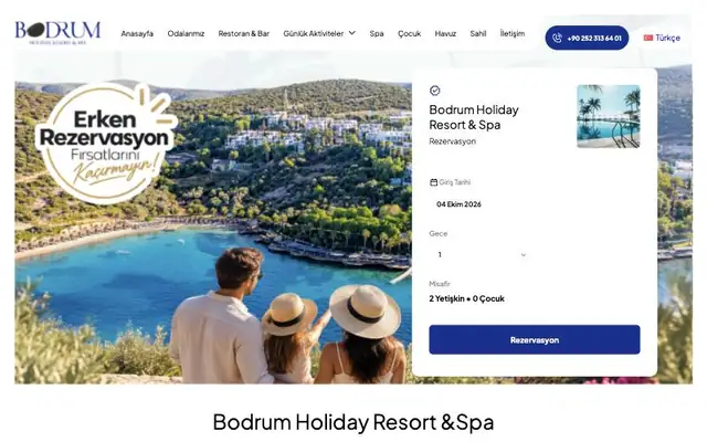 Bodrum Holiday Resort için tasarladığımız otel web sitesi ana sayfası
